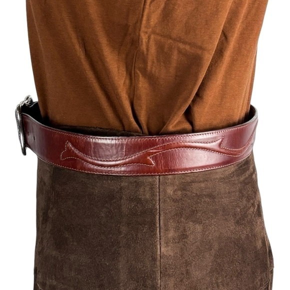 VINTAGE FLORAL ETCHED BUCKLE BROWN TOOLED LEATHER BELT WESTERN BOHO RODEO HIPPIE main image 8